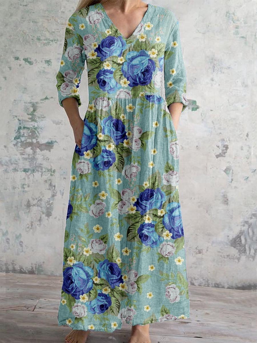 Women's Elegant Rose Floral Pattern V-Neck Cotton and Linen Dress with Pockets