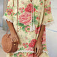 Women's Elegant Rose Floral Print V-Neck Strappy Raw Edge Cotton And Linen Dress