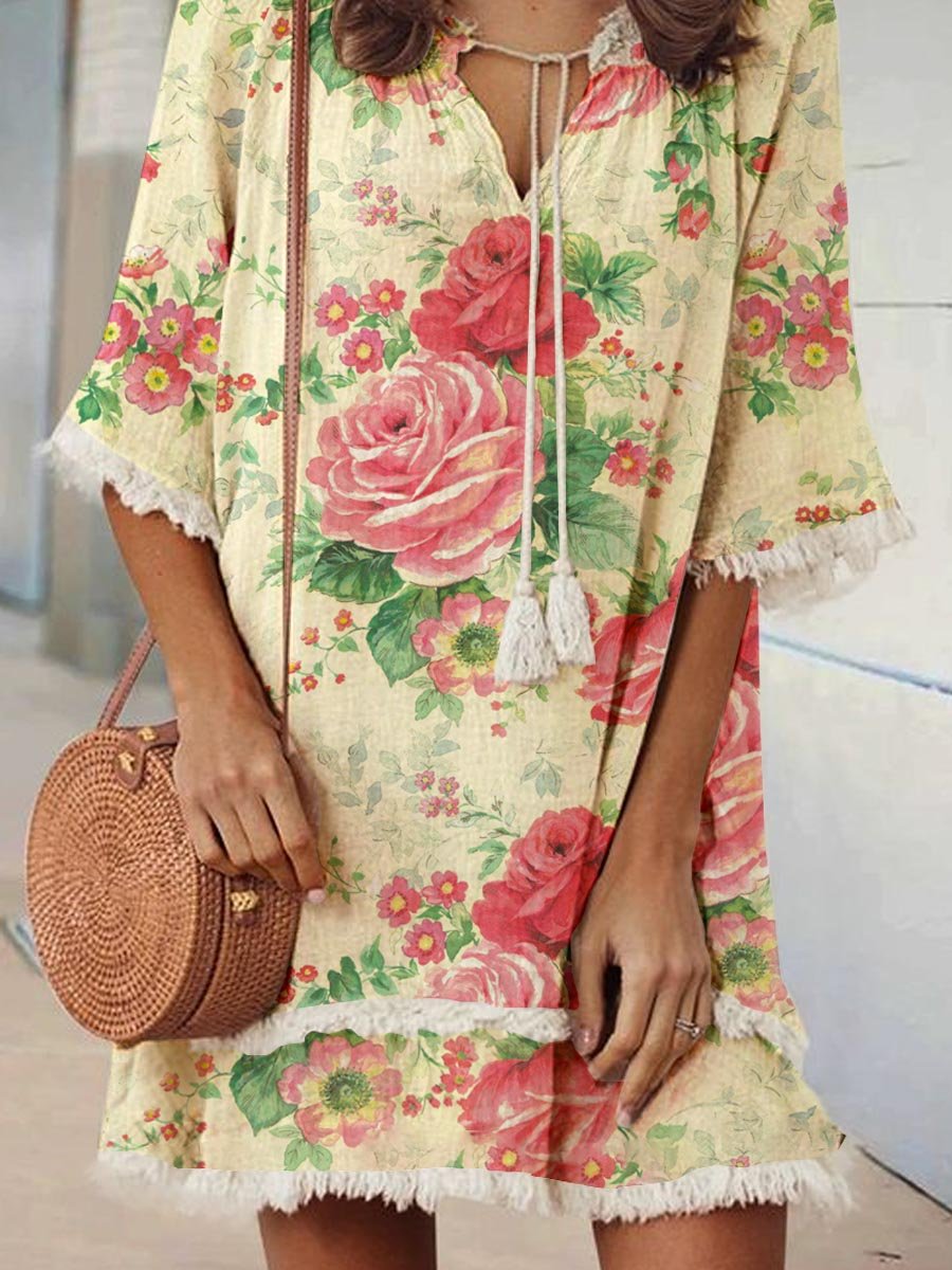 Women's Elegant Rose Floral Print V-Neck Strappy Raw Edge Cotton And Linen Dress