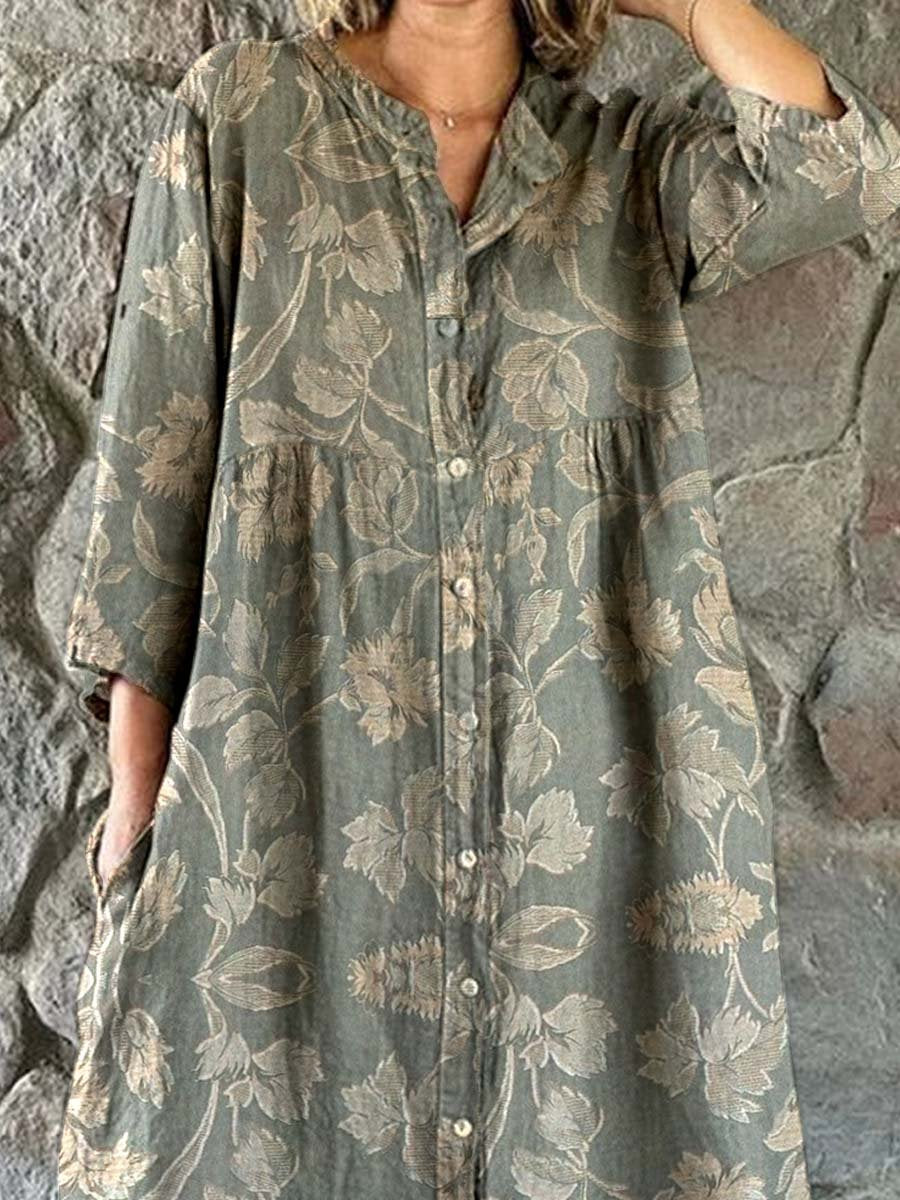 Women's Elegant Simple Shirt Style Cotton and Linen Dress with Decorative Floral Print