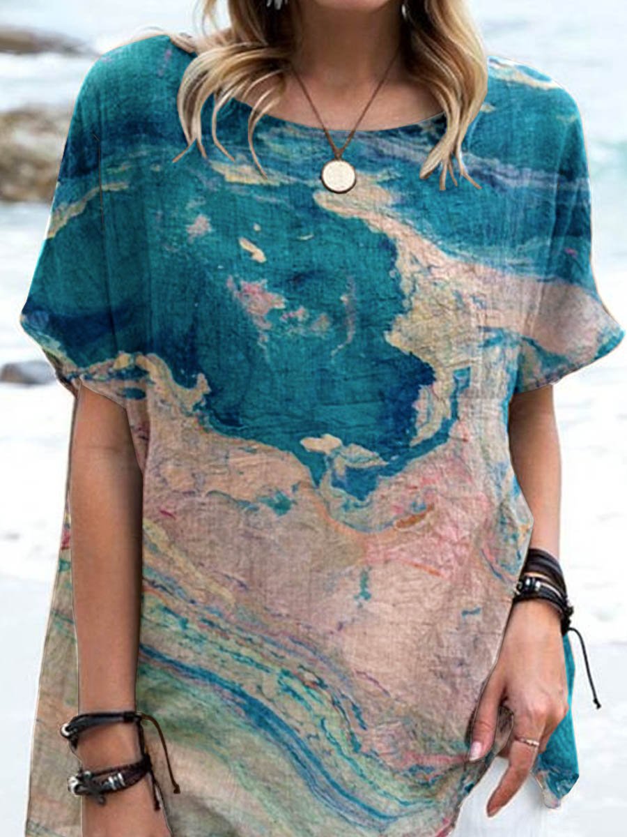 Women's Art Ocean Fluid Art Print Cotton and Linen Top