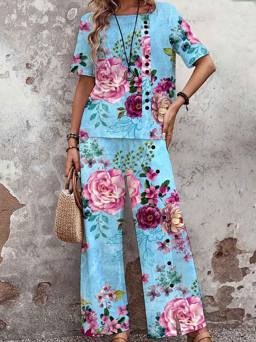 Women's Elegant Rose Floral Print Top and Pants Suit