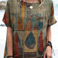 Women's Art Irregular Geometric Pattern Round Neck Cotton and Linen Top