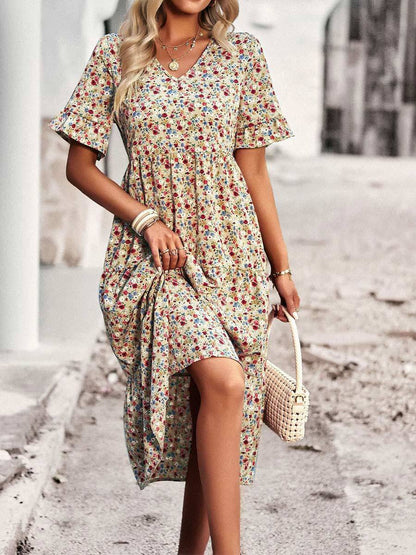 Women's Printed V Neck Short Sleeve Dress