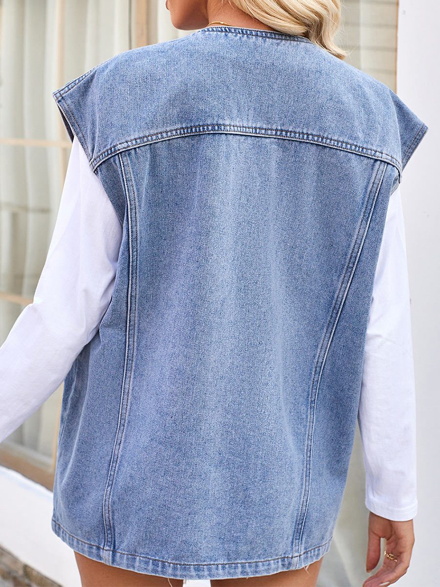 Women's Distressed Multi-Pocket Denim Vest