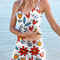 Women’s V-neck Color Floral Print Suspender Skirt Tankini Set Swimsuit