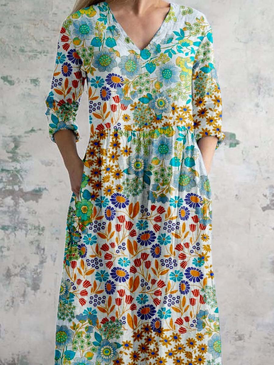 Women's Elegant Vintage Floral V-Neck Cotton and Linen Dress with Pockets