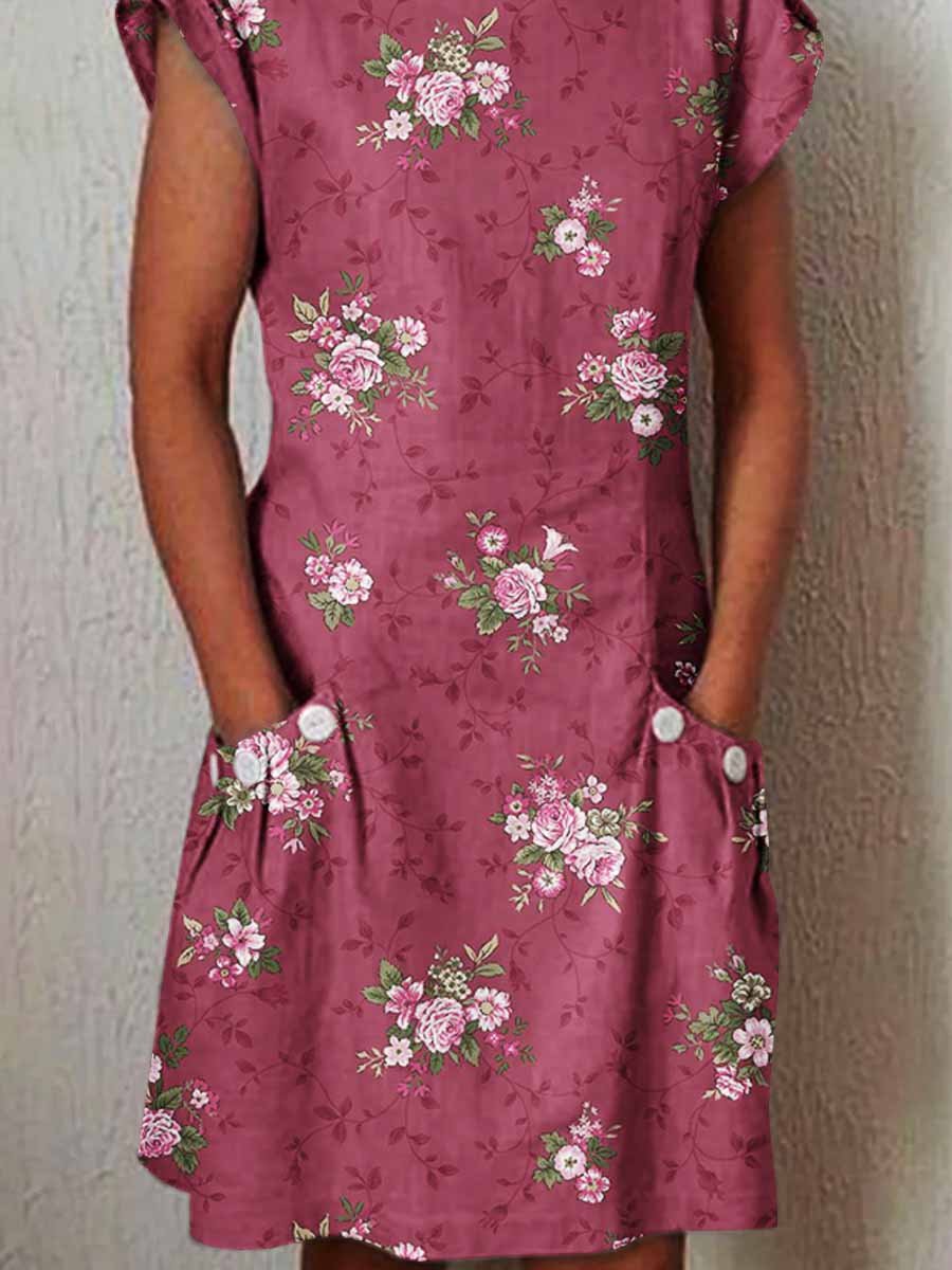 Women's Elegant Rose  Rose Floral Pattern Cotton and Linen Dress with Pockets