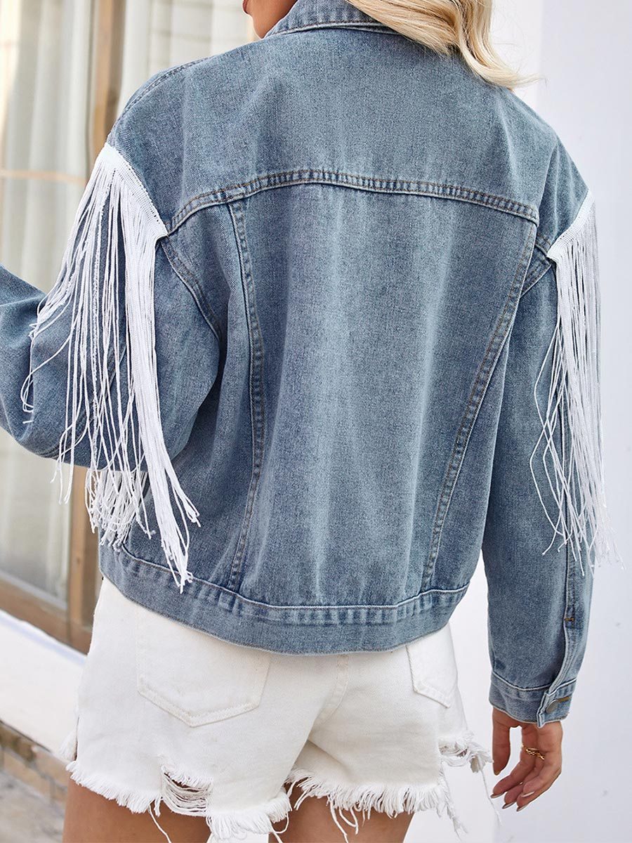 Women's Distressed Fringe Denim Jacket Top