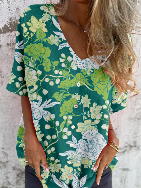 Women's Elegant Floral Pattern Shirt Style Cotton and Linen Top