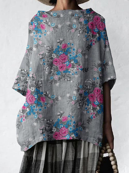 Women's Elegant Floral Pattern Cotton and Linen Top