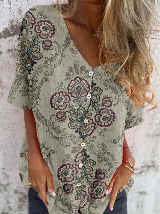 Women's Elegant Resort Boho Pattern Shirt Style Cotton and Linen Top