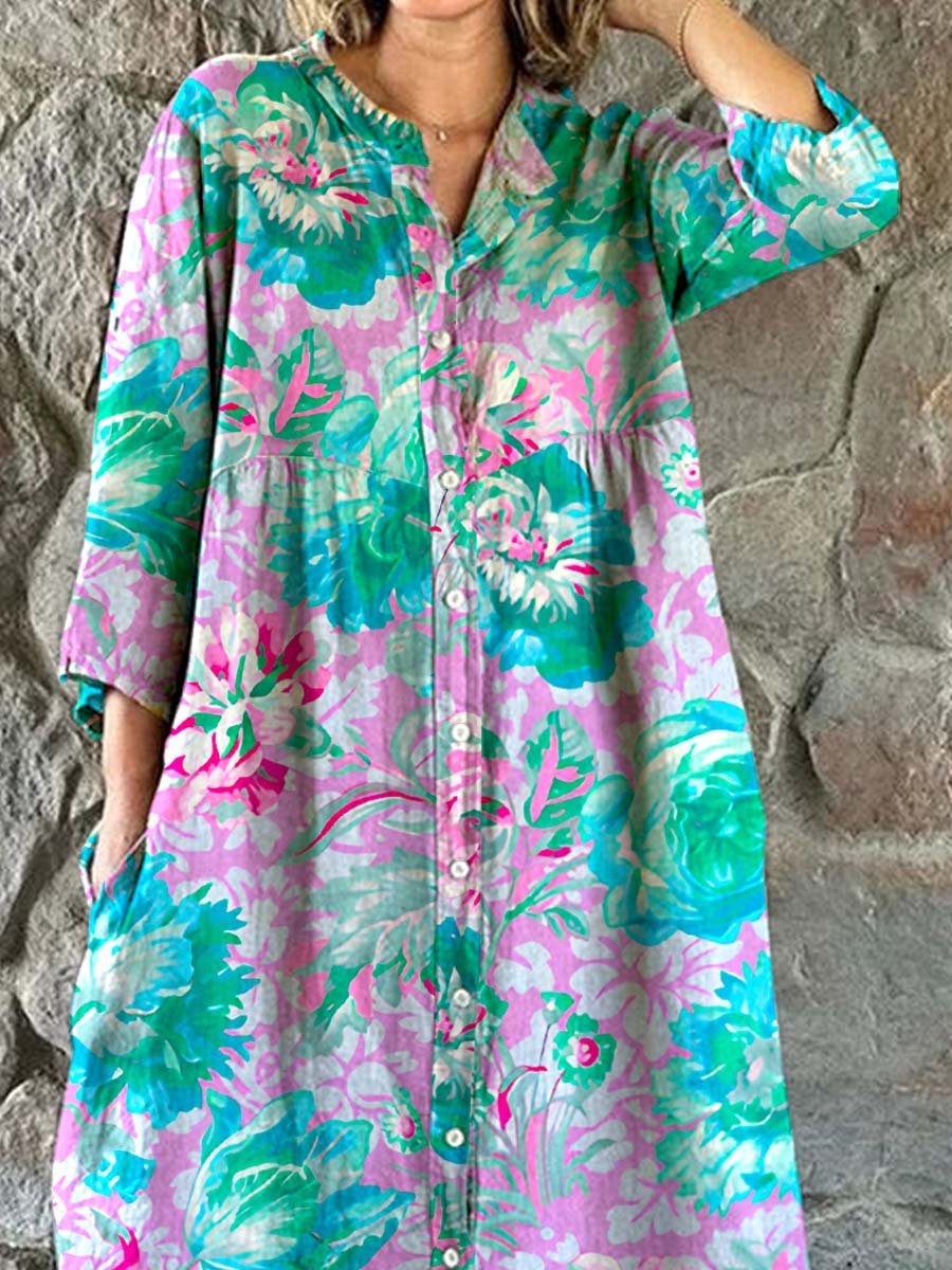 Women's Rose Floral Print Elegant Simple Shirt Cotton and Linen Dress