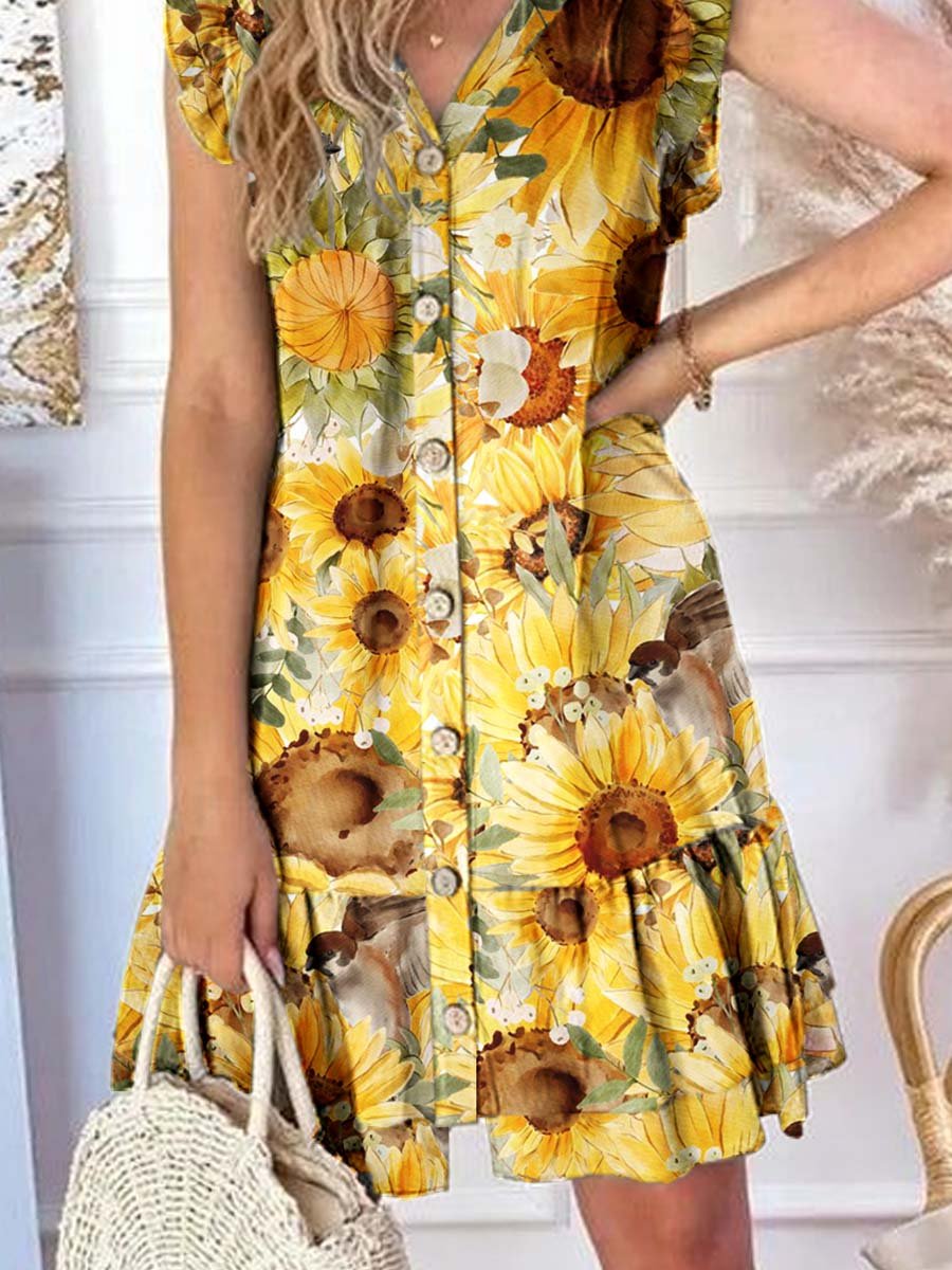 Women's Elegant Sunflower Floral Pattern Graphic Ruffle Sleeve Hem Dress