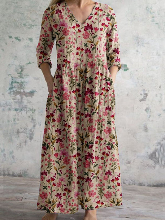 Women's Elegant Vintage Floral Pattern Cotton Dress With Pockets