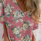 Women's Summer Rose Floral V-Neck Shirt-Style Cotton and Linen Top