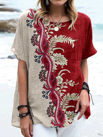 Women's Retro Elegant Floral Round Neck Cotton and Linen Top