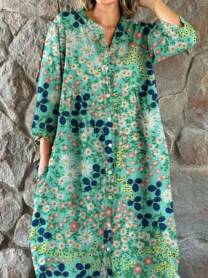 Women's Elegant Floral Pattern Shirt Style Cotton and Linen Dress