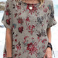 Women's Elegant  Floral Round Neck Cotton and Linen Top