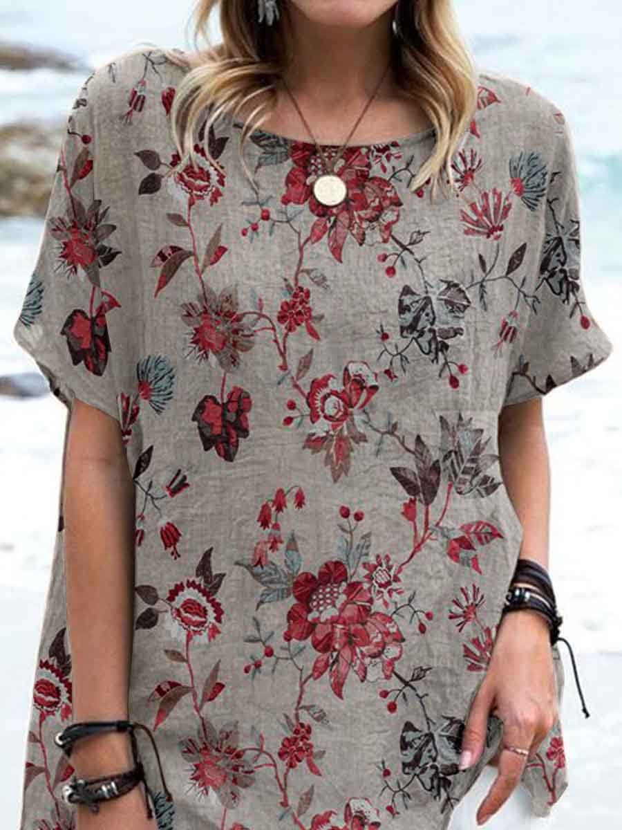 Women's Elegant  Floral Round Neck Cotton and Linen Top