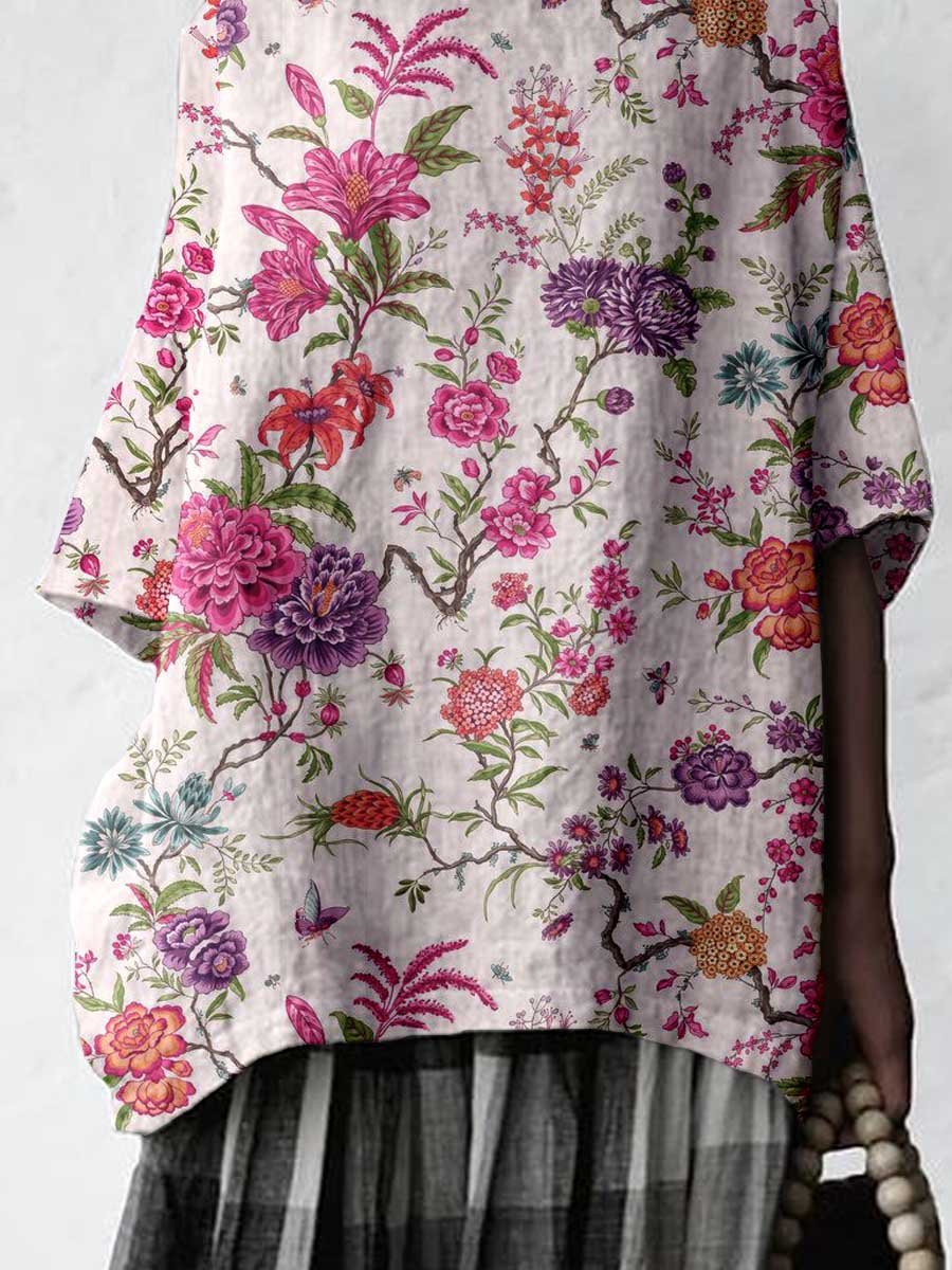 Women's Elegant Floral Cotton and Linen Top