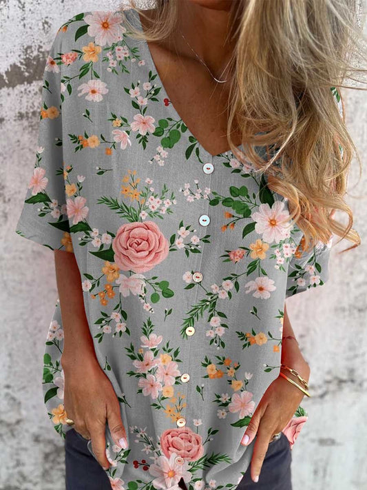 Women's  Rose Foral Pattern V-neck Shirt Style Cotton And Linen Top