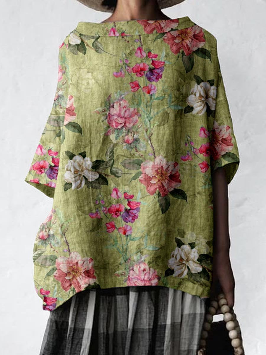 Women's Elegant Floral Pattern Cotton and Linen Top