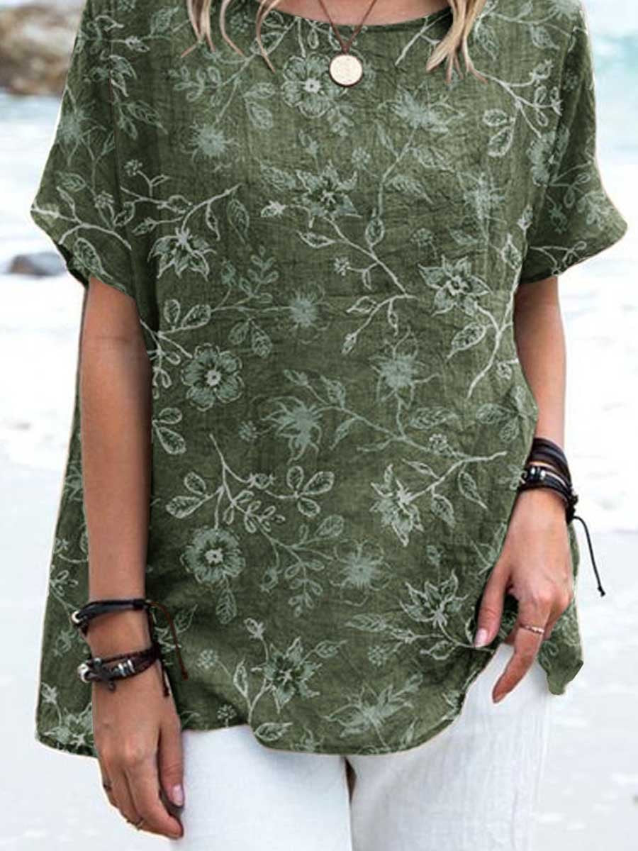 Women's Elegant Decorative Floral Pattern Round Neck Cotton and Linen Top