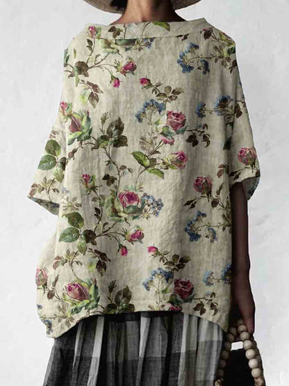 Women's Elegant Floral Pattern Cotton and Linen Top