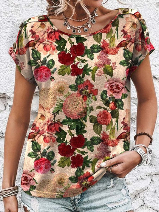 Women's Floral Pattern Print Decorative Button Round Neck Short Sleeve Cotton T-shirt Top