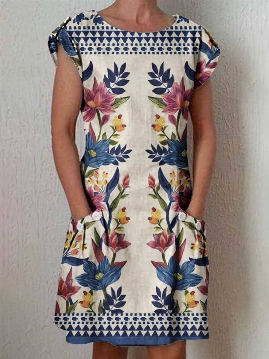 Women's Art Geometric Floral Pattern Round Neck Cotton and Linen Dress