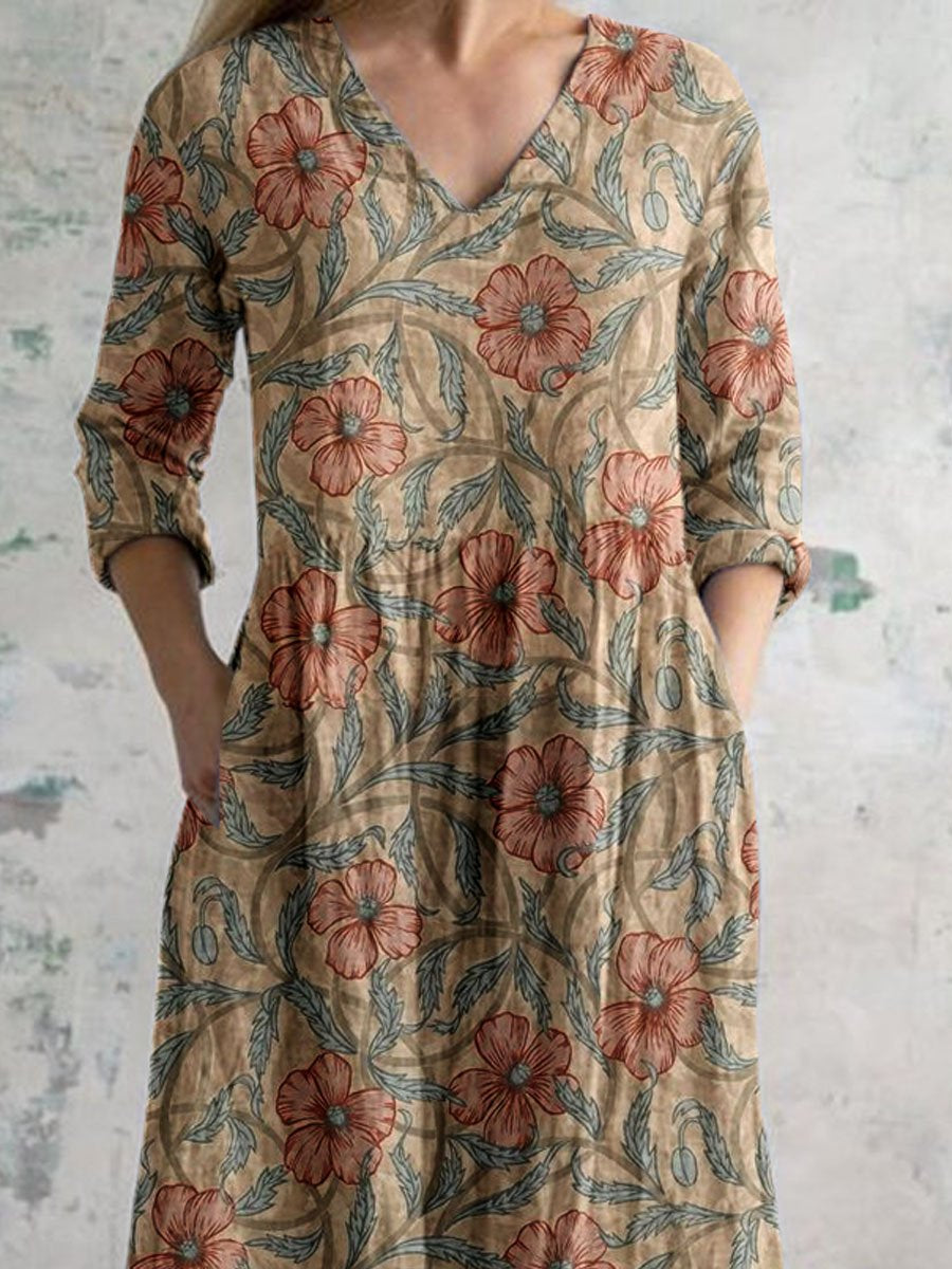 Women's Art Floral Print Casual Vintage Cotton Dress