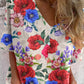 Women's Elegant Rose Floral Pattern V-Neck Shirt Style Cotton and Linen Top