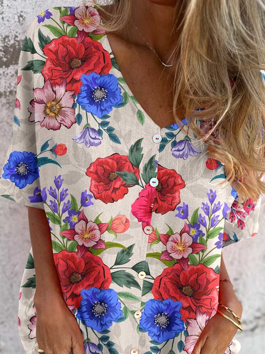 Women's Elegant Rose Floral Pattern V-Neck Shirt Style Cotton and Linen Top