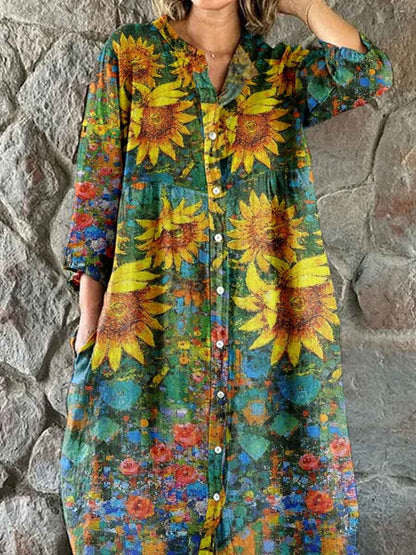 Women's Vintage  Sumflower Floral Pattern Shirt Style Cotton and Linen Dress