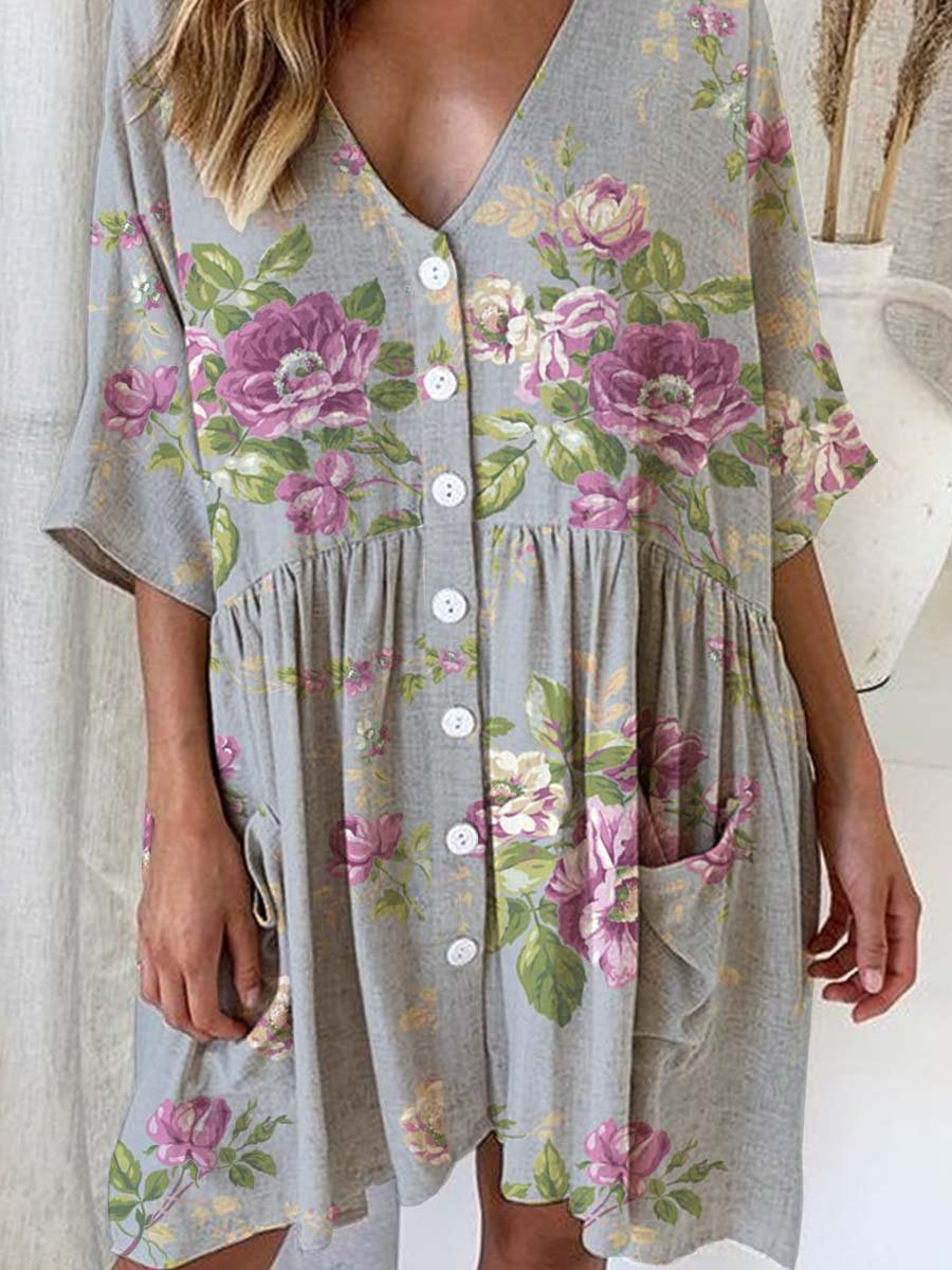 Women's Elegant Rose Floral Print Cotton and Linen Dress