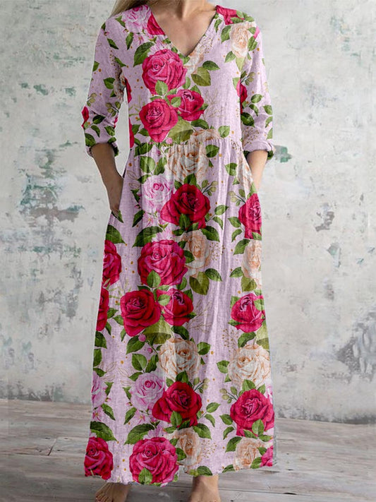 Women's Elegant Rose Floral Pattern V-Neck Cotton and Linen Dress with Pockets