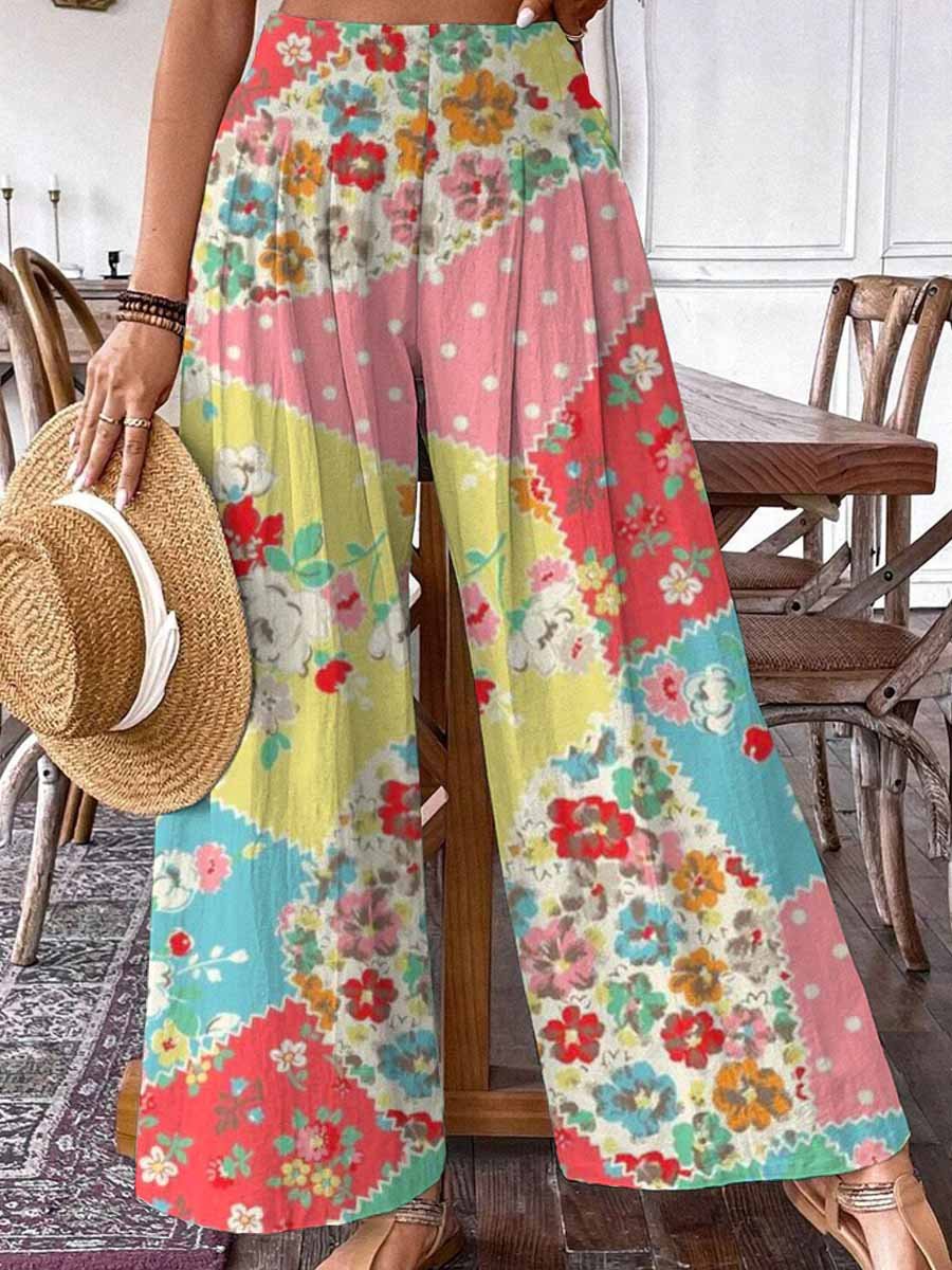 Women's Summer Floral Print Pattern Cotton Wide Leg Pants