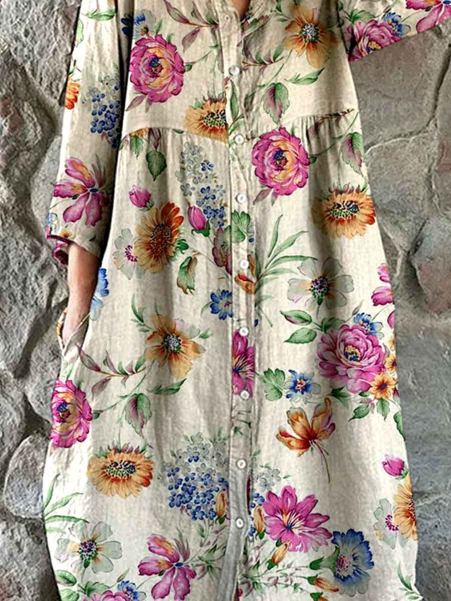 Women's Elegant Floral Print Shirt Style Cotton and Linen Dress