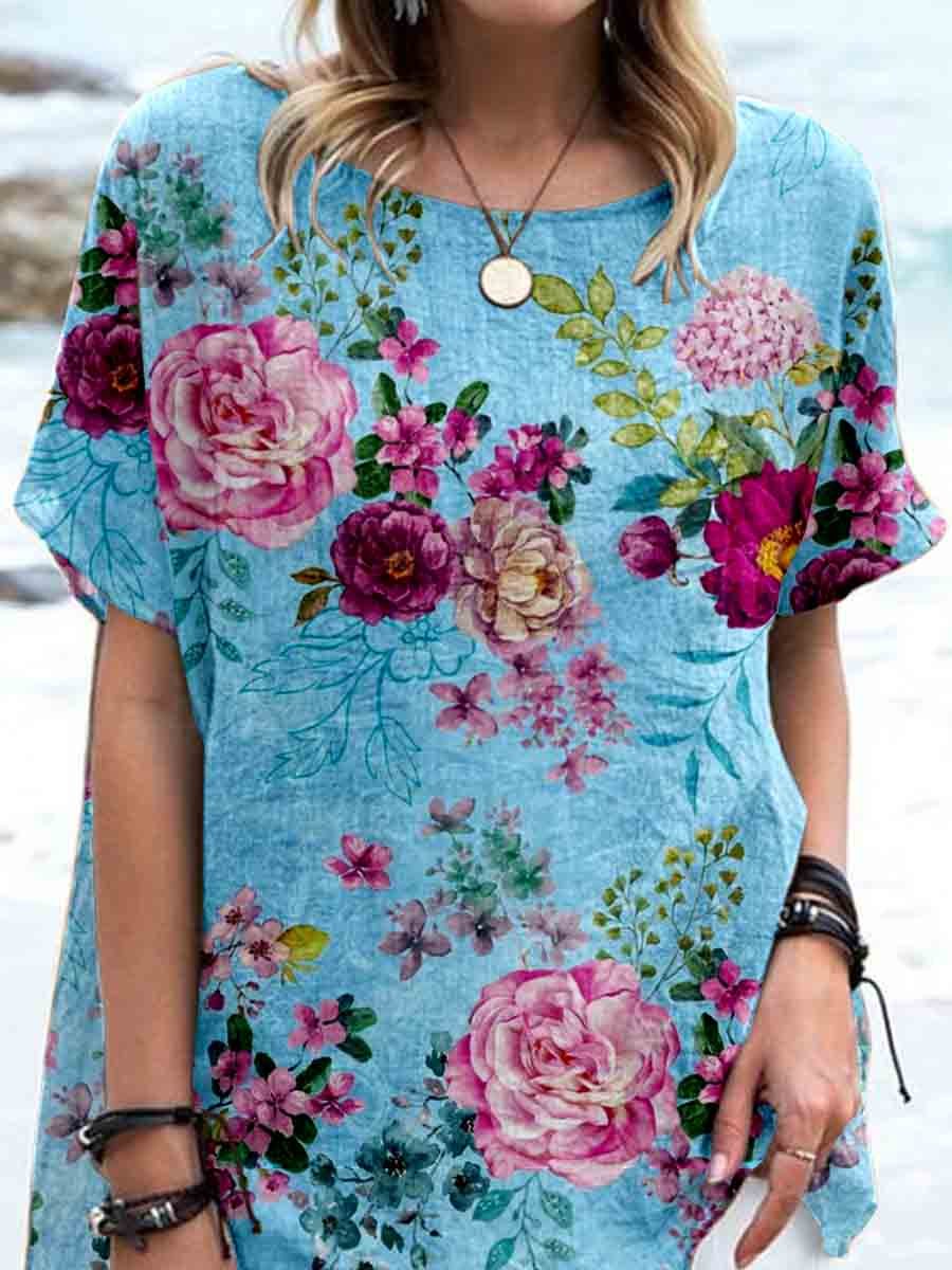 Women's Elegant Vintage Rose Floral Print Linen Top