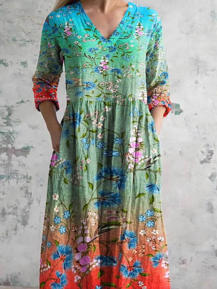 Women's Art Rainbow Floral Print V-Neck Cotton and Linen Dress