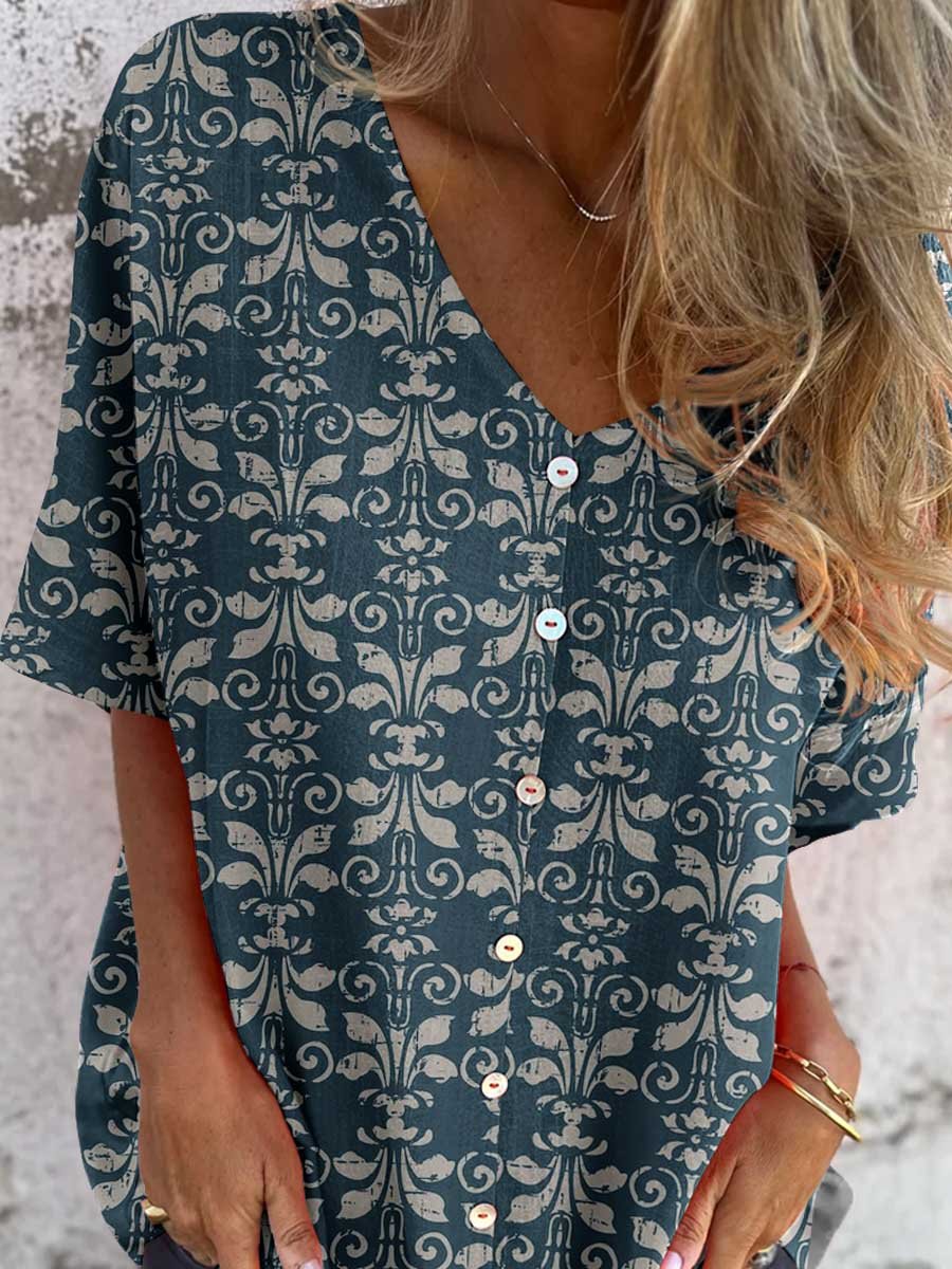 Women's Simple Decorative Floral Pattern V-neck shirt Style Cotton and Linen top