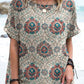 Women's Bohemian Geometric Floral Pattern Crew Neck Cotton and Linen Top