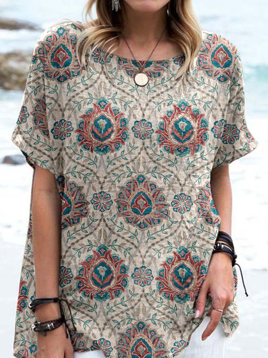 Women's Bohemian Geometric Floral Pattern Crew Neck Cotton and Linen Top