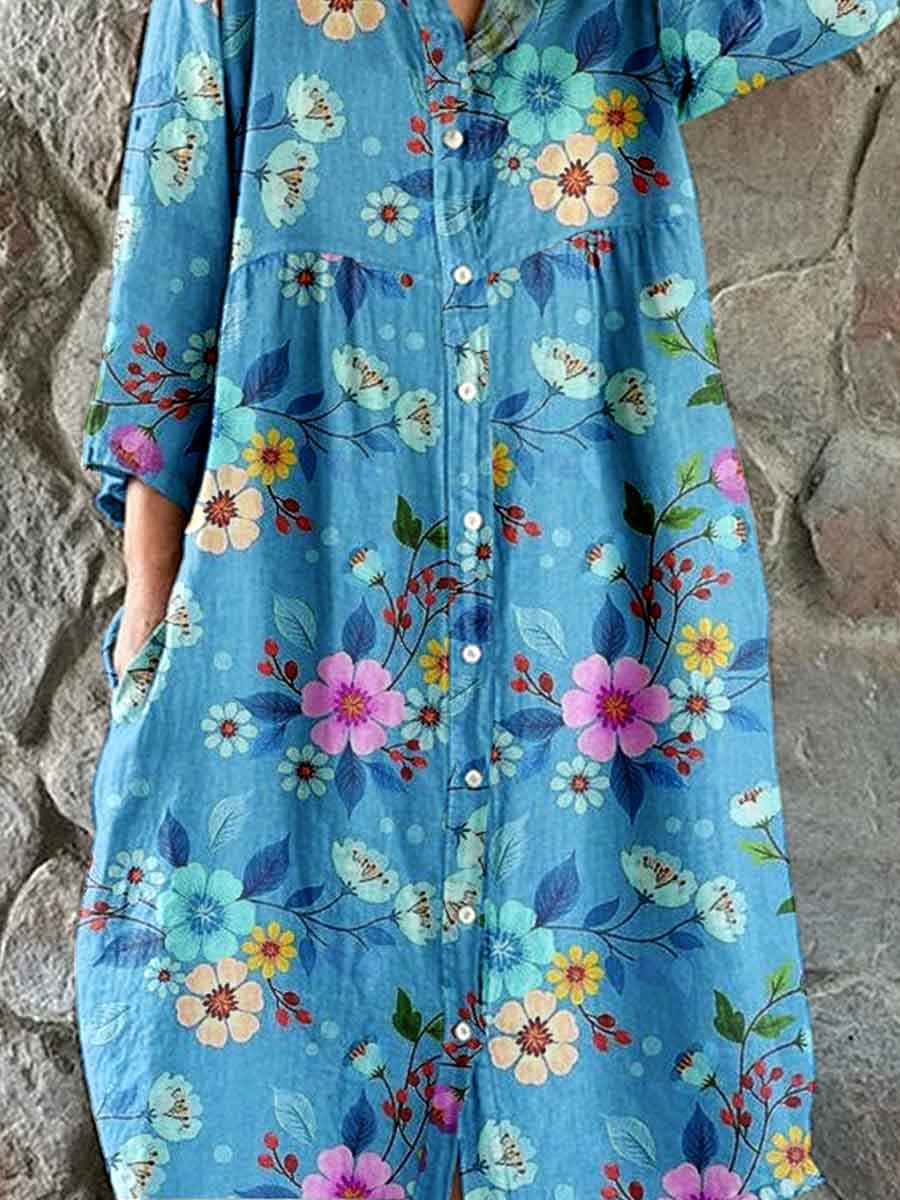 Women's Elegant Floral Pattern Shirt Style Cotton and Linen Dress