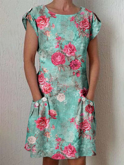 Women's Elegant Floral Pattern Round Neck Cotton and Linen Dress