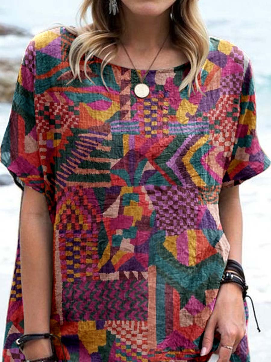 Women's Artistic Colorful Geometric Pattern Round Neck Cotton and Linen Top