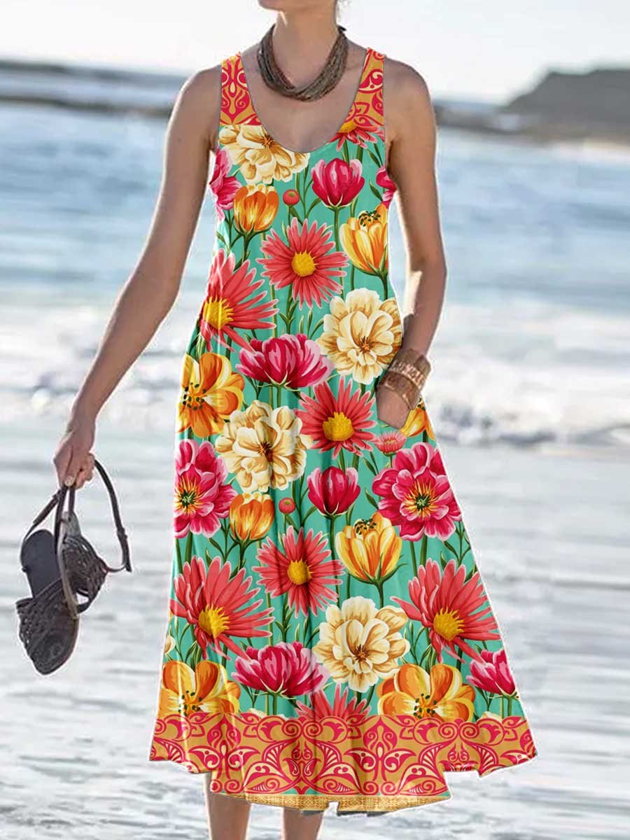 Women's Floral Print Resort Tank Top Dress with Pockets