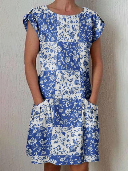 Women's Artistic Floral Decorative Pattern Round Neck Cotton And Linen Dress