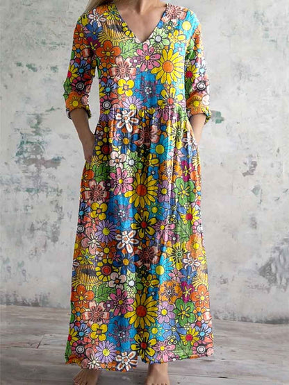 Women's Summer Floral Pattern Cotton And Linen Dress